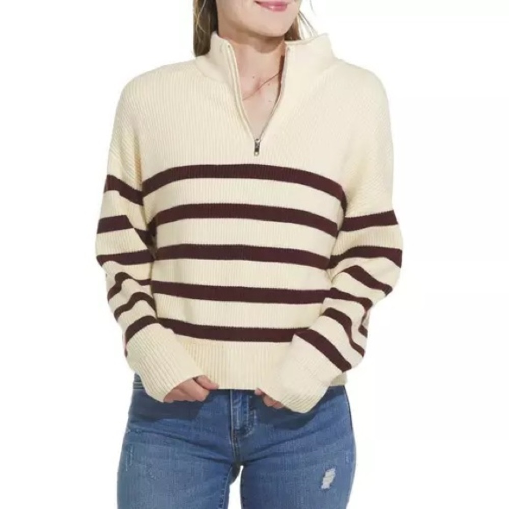 Thread & Supply Cream and Brown Striped Quarter Zip sweater